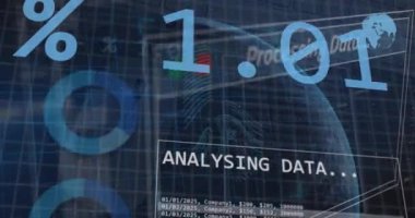 Animation of financial data processing over globe. Global business, finances, computing and data processing concept digitally generated video.