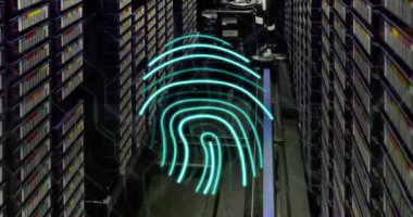 Sunucular üzerinde biyometrik parmak izi, bağlantılar ve veri işleme animasyonu. Dijital arayüz, bulut hesaplama ve veri işleme kavramı dijital olarak oluşturuldu.