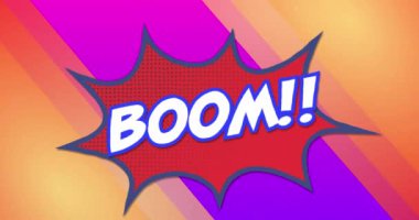 Ünlem sembollü bum metninin animasyonu soyut arkaplana karşı konuşma baloncuğundaki yıldızlar. Dijital olarak üretilen, hologram, çizgi roman, patlayan, çizgi film ve teknoloji konsepti.