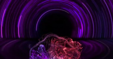 Renkli noktaların animasyonu ve siyah arkaplanda spiral. Soyut arkaplan, geçmişe dönük gelecek ve dijital olarak oluşturulmuş görüntü konsepti.