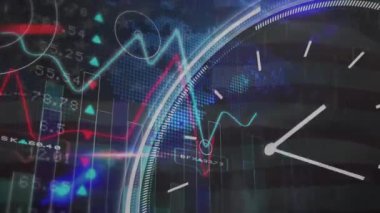 Saatle bağlantı ağının animasyonu. Dijital olarak oluşturulmuş küresel bağlantılar, iş, finans, bilgisayar ve veri işleme kavramı.