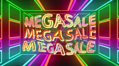 Siyah arkaplanda renkli şekiller üzerine mega satış metninin animasyonu. Geçmişe dönük gelecek, renk ve arkaplan kavramı dijital olarak oluşturulmuş video.