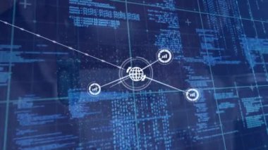 Bilgisayar dilinde bağlı simgelerin mavi arka planda canlandırılması. Dijital olarak üretilmiş, hologram, iletişim, küreselleşme, kodlama, makine öğrenme ve teknoloji kavramı.