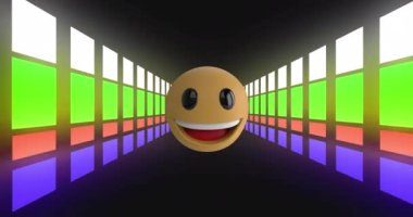 Neon tüneli üzerinde gülümseyen emoji ikonu animasyonu. Küresel sosyal medya, dijital arayüz, hesaplama ve veri işleme kavramı dijital olarak oluşturuldu.