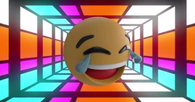 Neon tüneli üzerinde gülen emoji ikonu animasyonu. Küresel sosyal medya, dijital arayüz, hesaplama ve veri işleme kavramı dijital olarak oluşturuldu.