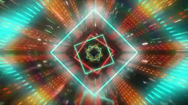 Dijital tünelde hareket eden neon şekillerin animasyonu. Soyut arkaplan, geçmişe dönük gelecek ve dijital olarak oluşturulmuş görüntü konsepti.