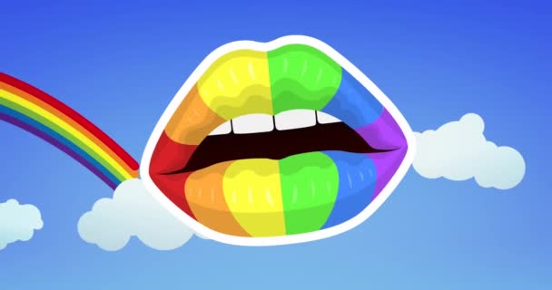 Animacja Tęczowych Ust Nad Tęczą Niebieskim Tle Pride Month Lgbt — Wideo stockowe