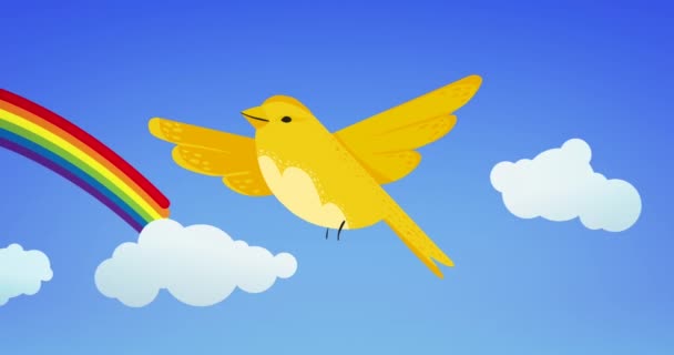 青い背景に虹の上を飛ぶ鳥のアニメーション 春と自然コンセプトデジタル生成ビデオ — ストック動画