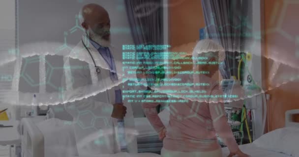 Animación Hebra Adn Datos Sobre Médico Afroamericano Masculino Con Paciente — Vídeos de Stock