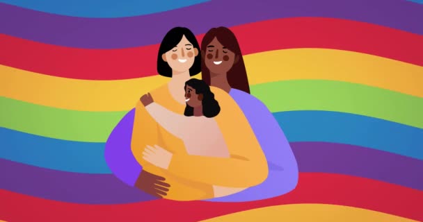 虹を背景に子供を持つレズビアンカップルのアニメーション プライド月間 Lgbt 平等と人権の概念デジタルで生成されたビデオ — ストック動画