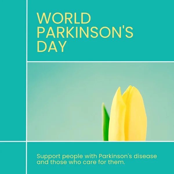 Image of world parkinson's day text over yellow flower with copy space. World parkinson's day and celebration concept digitally generated image.