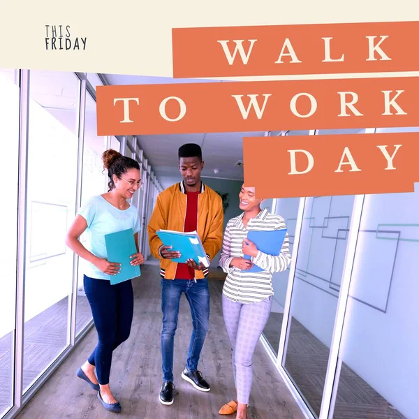 Image of walk to work day text over diverse business people walking in office. Walk to work day and celebration concept digitally generated image.