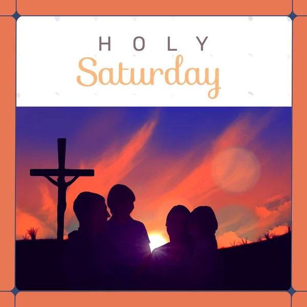 家族の抱擁とクロスのシルエットに神聖な土曜日のテキストのイメージ 神聖な土曜日とお祝いのコンセプトデジタル生成画像 — ストック写真