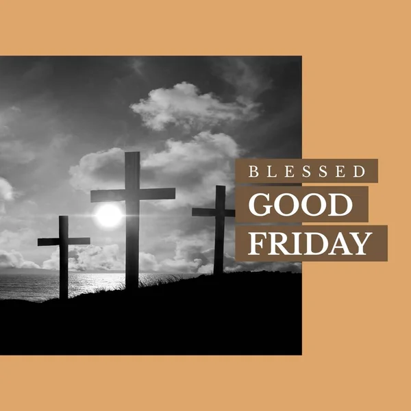 Obrázek Požehnaného Pátečního Textu Přes Mraky Kříže Požehnaný Dobrý Pátek — Stock fotografie