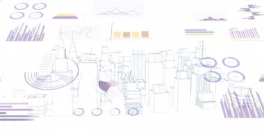 Animation of financial data processing over cityscape. Global business, finances, computing and data processing concept digitally generated video.