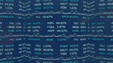 Manzara üzerinde finansal veri işleme animasyonu. Küresel iş, finans, dijital arayüz, hesaplama ve veri işleme kavramı dijital olarak oluşturulmuş video.