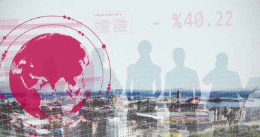 Animation of financial data processing over cityscape. Global business, finances, computing and data processing concept digitally generated video.