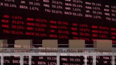 Taşıyıcı banttaki kutuların üzerinden finansal veri işleme animasyonu. Küresel sevkiyat, iş, finans, bilgisayar ve veri işleme kavramı dijital olarak oluşturuldu.