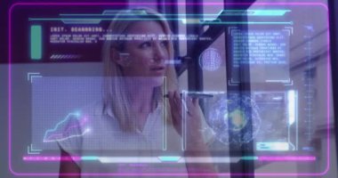 Animation of financial data processing over caucasian businesswoman using smartphone. Global business, finances, computing and data processing concept digitally generated video.