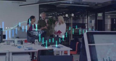 Animation of financial data processing over diverse business people in office. Global business, finances, computing and data processing concept digitally generated video.