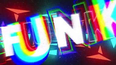 Siyah arkaplanda renkli şekiller üzerine funk metnin animasyonu. Geçmişe dönük gelecek, renk ve arkaplan kavramı dijital olarak oluşturulmuş video.