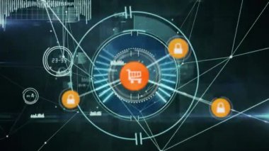 Bağlı alışveriş arabasının animasyonu ve yükleme çemberinin üzerine kodlama ve zamanlayıcı ile ikonlar kilitlenmesi. Dijital olarak üretilmiş, çoklu pozlama, koruma, e-ticaret, veritabanı, gelecek ve teknoloji.