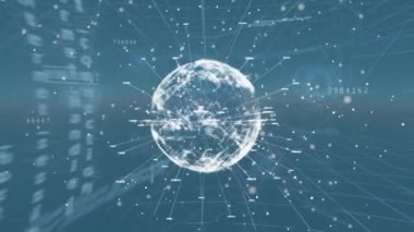 Mavi arka planda bağlantıları ve veri işlemesi olan dünyanın animasyonu. Dijital olarak oluşturulmuş küresel bağlantılar, bilgisayar ve dijital arayüz kavramı.