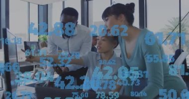 Animation of financial data processing over diverse business people in office. Global business, finances, computing and data processing concept digitally generated video.