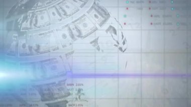 Tüm dünyada Amerikan dolarlarıyla finansal veri işleme animasyonu. Küresel iş, finans, hesaplama ve veri işleme kavramı dijital olarak oluşturulmuş video