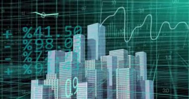 Şehirdeki finansal veri işleme animasyonu. Küresel iş, finans, hesaplama ve veri işleme kavramı dijital olarak oluşturulmuş video.