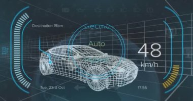 3D araba çizimi, bağlantılar ve veri işleme animasyonu. Dijital arayüz, bulut hesaplama ve veri işleme kavramı dijital olarak oluşturuldu.