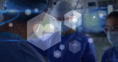 Altıgen ikon animasyonu, farklı cerrahlar ameliyathanede ameliyatları tartışıyor ve gerçekleştiriyor. Dijital bileşik, çoklu maruz kalma, tıbbi, sağlık, takım çalışması ve teknoloji konsepti.
