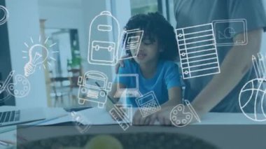 Okul ikonlarının, babasının melez oğluna ev ödevinde yardım etmesinin orta bölümünün üzerinde canlandırması. Okul ve eğitim teknolojisi kavramı