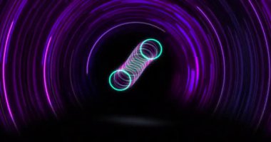 Neon halkaların animasyonu ve siyah arkaplanda spiral. Soyut arkaplan, geçmişe dönük gelecek ve dijital olarak oluşturulmuş görüntü konsepti.