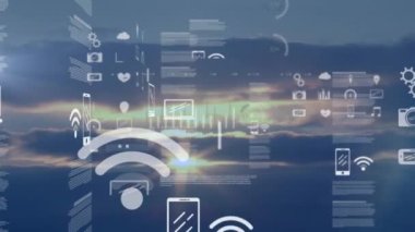 Manzara üzerinde veri işleme animasyonu. Küresel iş, finans, dijital arayüz, hesaplama ve veri işleme kavramı dijital olarak oluşturulmuş video.