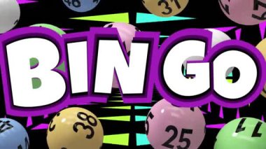 Piyango topları üzerine bingo metninin animasyonu ve siyah arkaplanda renkli şekiller. Parti ve kutlama konsepti dijital olarak oluşturuldu.