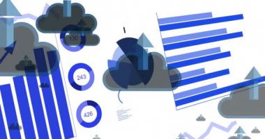 Beyaz arka planda finansal veri işleme animasyonu. Küresel iş, finans, hesaplama ve veri işleme kavramı dijital olarak oluşturulmuş video.