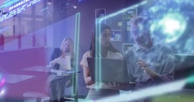 Animation of data processing over diverse business people working in office. Global business, finances, computing and data processing concept digitally generated video.