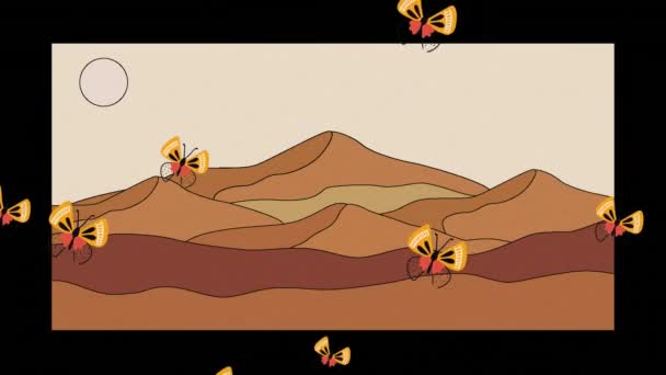 Animacja Motyli Latających Nad Pustynią Czarnym Tłem Ramki Wiosna Koncepcja — Wideo stockowe