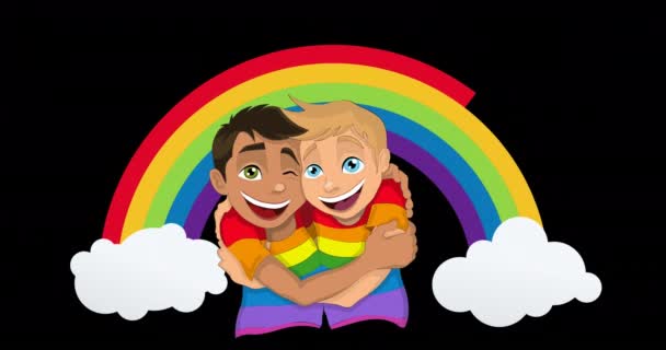 虹色の背景に虹色のTシャツの男性のゲイカップルのアニメーション プライド月間 Lgbt 平等と人権の概念デジタルで生成されたビデオ — ストック動画