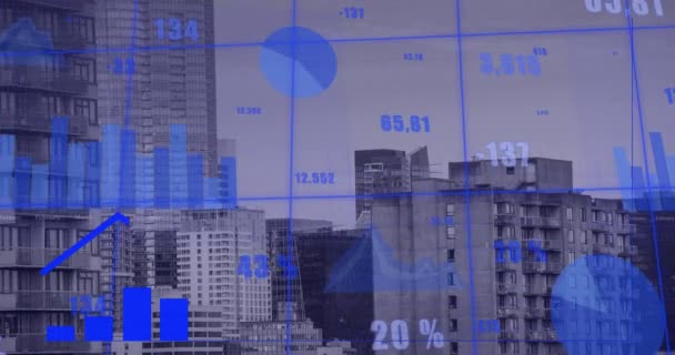 都市上の財務データ処理のアニメーション グローバルビジネス コンピューティング データ処理の概念デジタル生成ビデオ — ストック動画