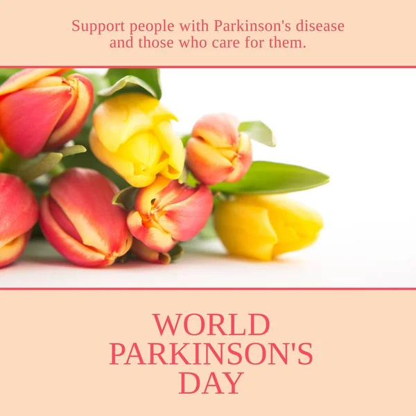 Image of world parkinson\'s day text over colourful flowers with copy space. World parkinson\'s day and celebration concept digitally generated image.