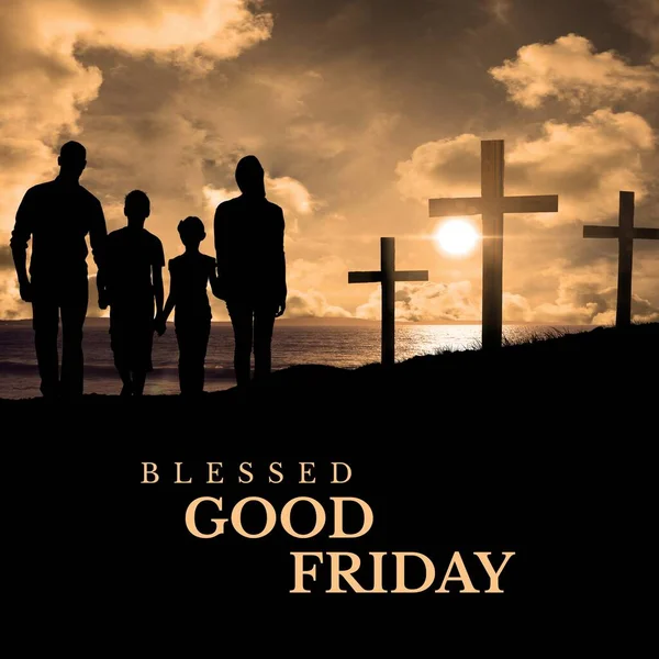 Image of blessed good friday text over silhouette of family and crosses. Blessed good friday, faith and celebration concept digitally generated image.