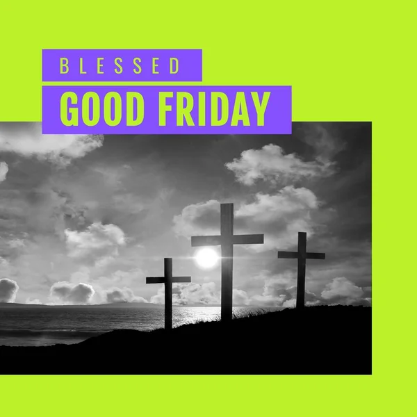 Image of blessed good friday text over clouds and crosses. Blessed good friday, faith and celebration concept digitally generated image.