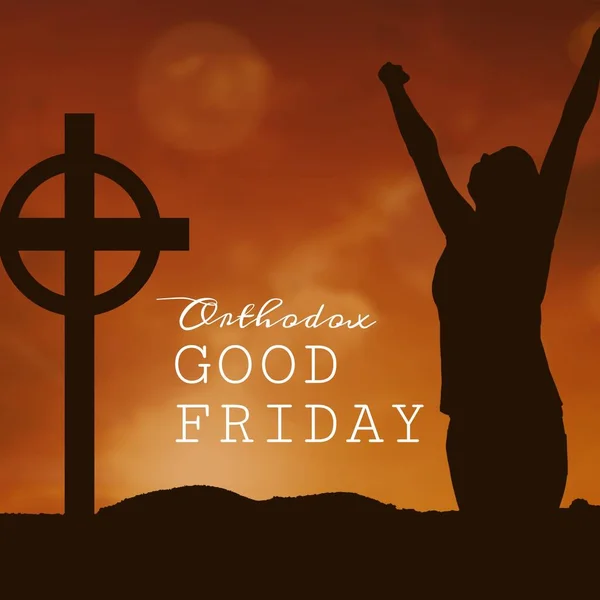 Image Good Friday Text Silhouette Woman Raising Hands Cross Good — Stock Photo, Image