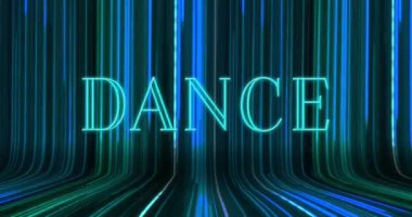 Dans metninin animasyonu siyah arkaplandaki ışık izlerinin üzerinde. Geçmişe dönük gelecek, renk ve arkaplan kavramı dijital olarak oluşturulmuş video.