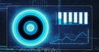 Aydınlatılmış daire ve programlama dilinin üzerindeki grafiklerle ekranın animasyonu. Dijital olarak üretilmiş, çoklu pozlama, veritabanı, kodlama, bilgisayar, gelecek ve teknoloji kavramı.