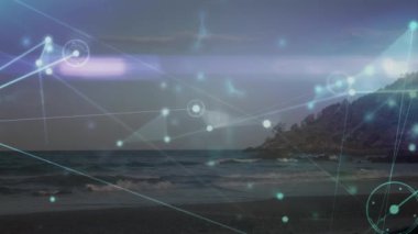 Manzara üzerindeki noktalarla bağlantı ağının animasyonu. Dijital olarak oluşturulmuş küresel bağlantılar, iş, finans, bilgisayar ve veri işleme kavramı.