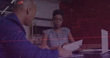 Animation of financial data processing over diverse business people in office. Global business, finances, computing and data processing concept digitally generated video.