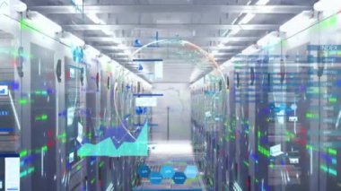 Dünya üzerinde bilgi arayüzü animasyonu ve arka plandaki sunucu odasına karşı düşen çubuklar. Dijital bileşik, çoklu pozlama, rapor, iş, küreselleşme, teknoloji, ağ sunucusu.